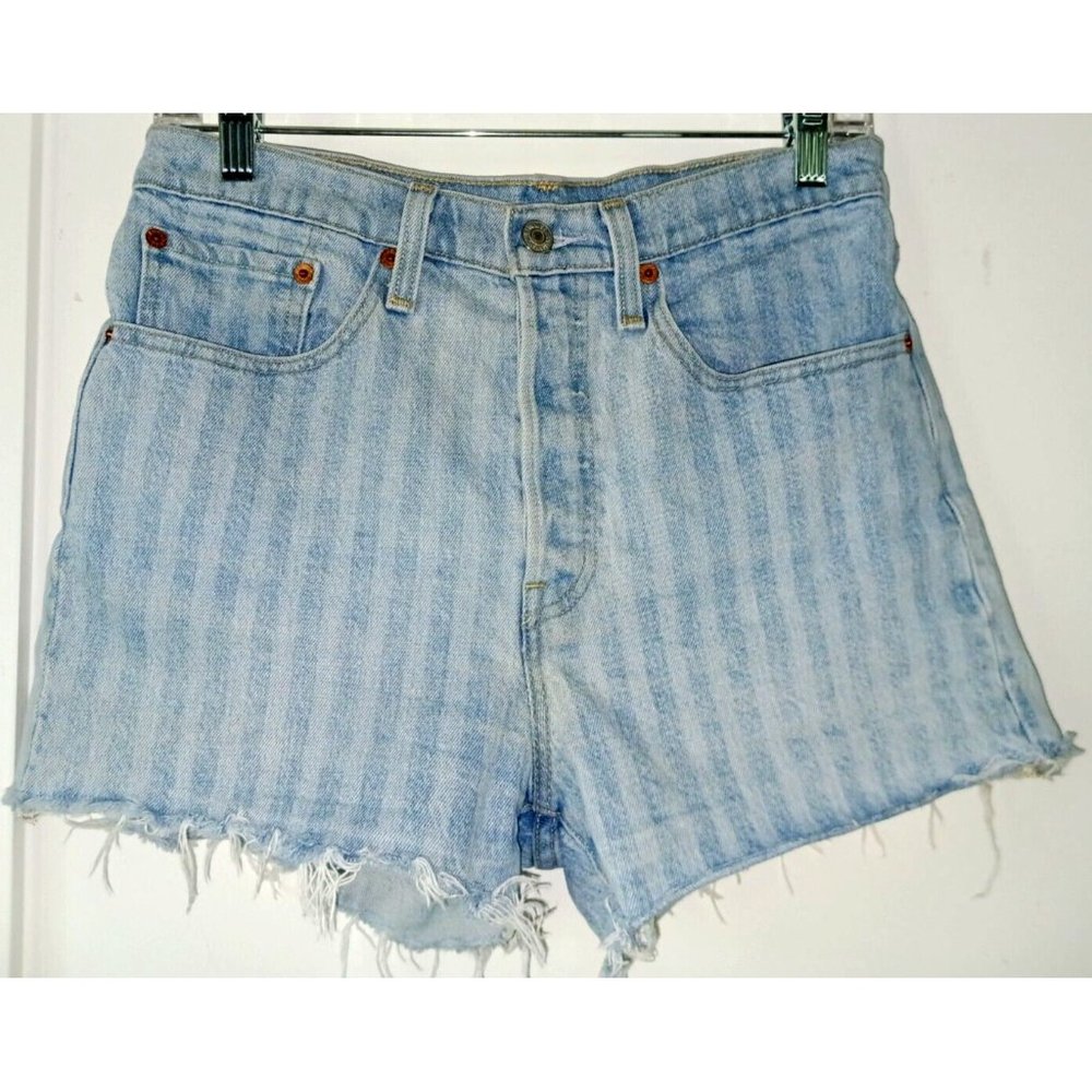 LEVIS 27/4 Light & Medium Blue Stripe Denim Button Fly Shorts w/ Raw Hem 3" ins